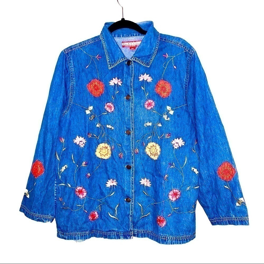 Tudor Court Blue Floral Embroidered Cotton Denim Shirt Blouse Large